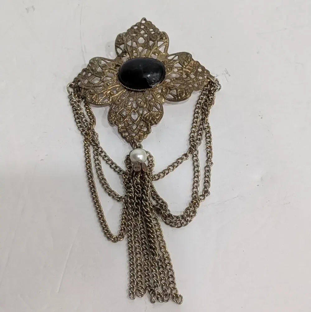 Vintage Victorian Revival Maltese Cross Brooch Gold Tone Filigree Black Cabochon
